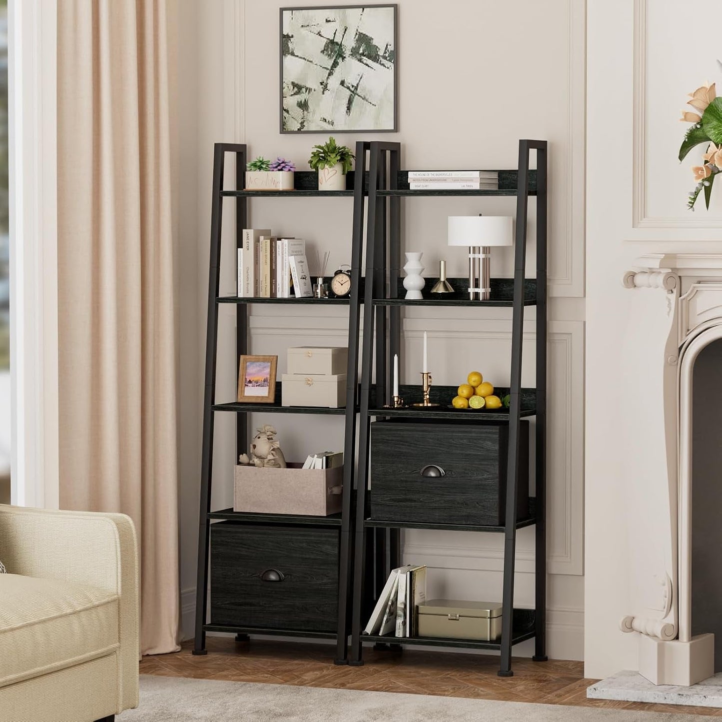 5 Tier Ladder Shelf With Drawer Narrow Black Oak Finish