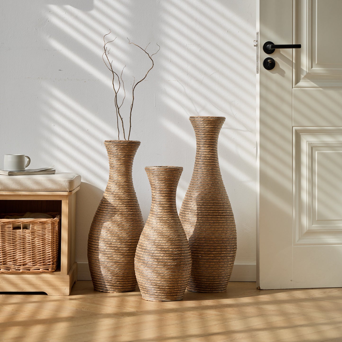 3-Piece Artificial Rattan Floor Vase Set – Decorative Accent for Living Room, Hallway & Entryway, Ideal for Dried or Silk Flower Arrangements, Beige