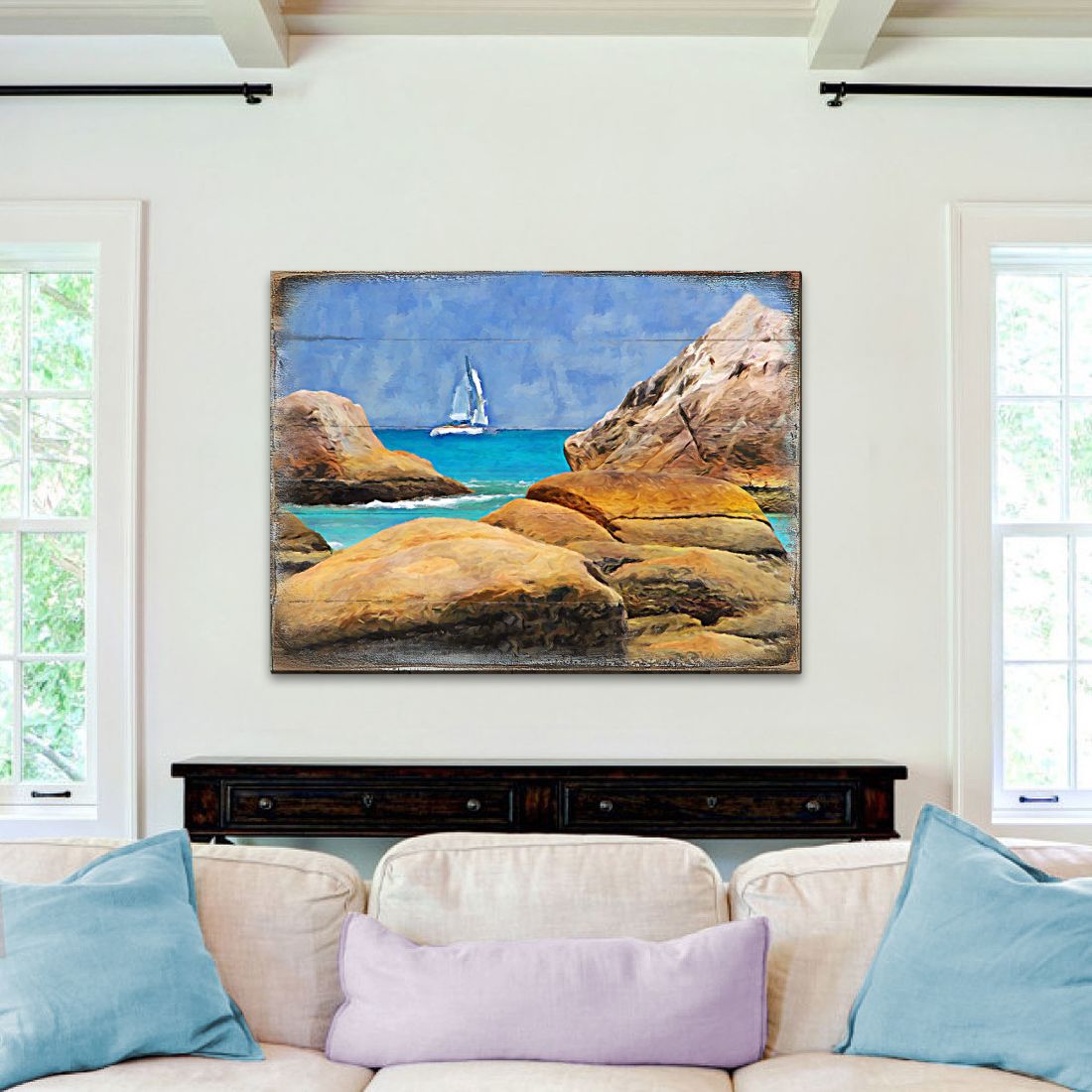 Sailboat on The Rocky Shore Wooden Coastal Wall Art by Nature Wonders - Coastal Sea-Life Decor - 95274B