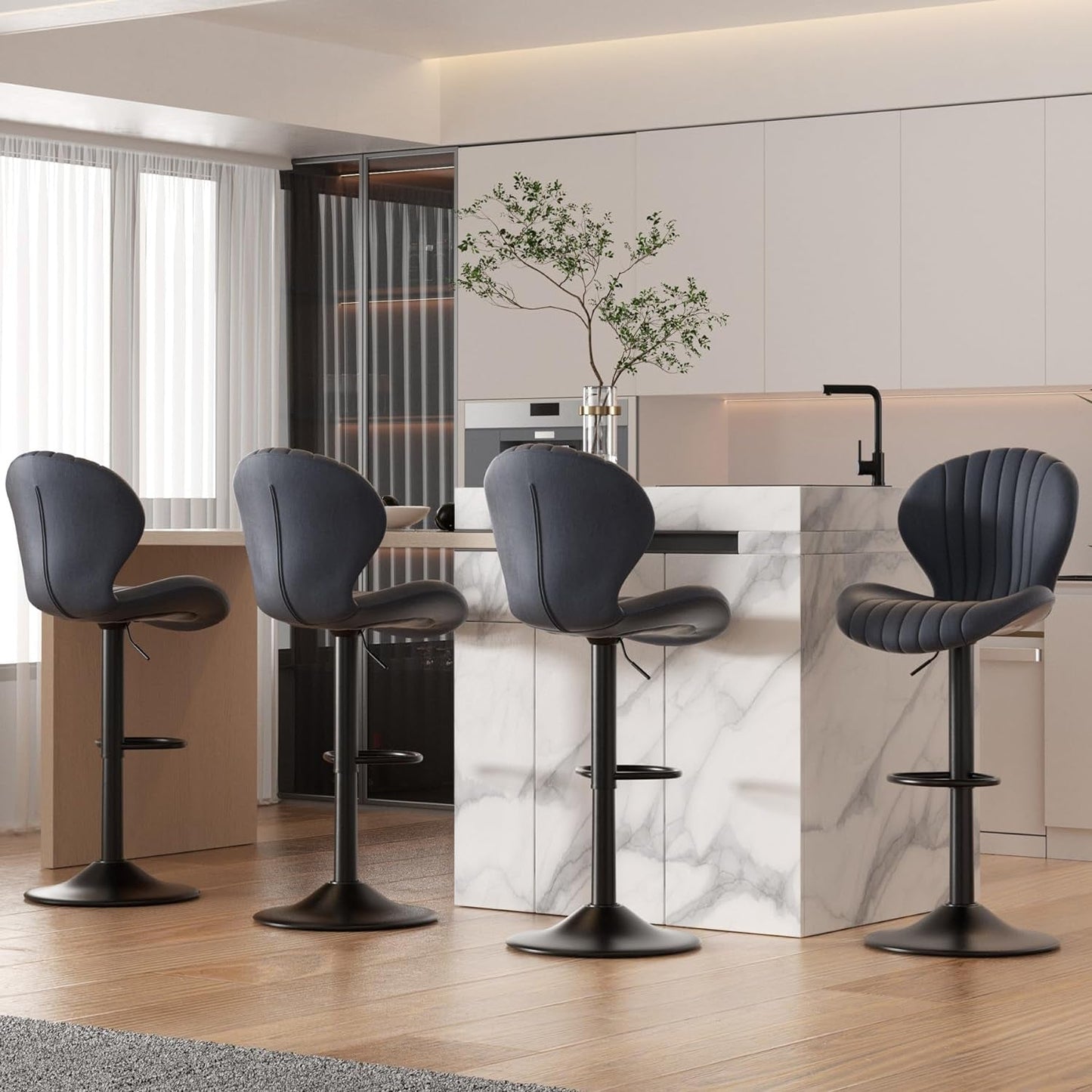 Three Swivel Bar Stools Counter Height High Back DarkGrey