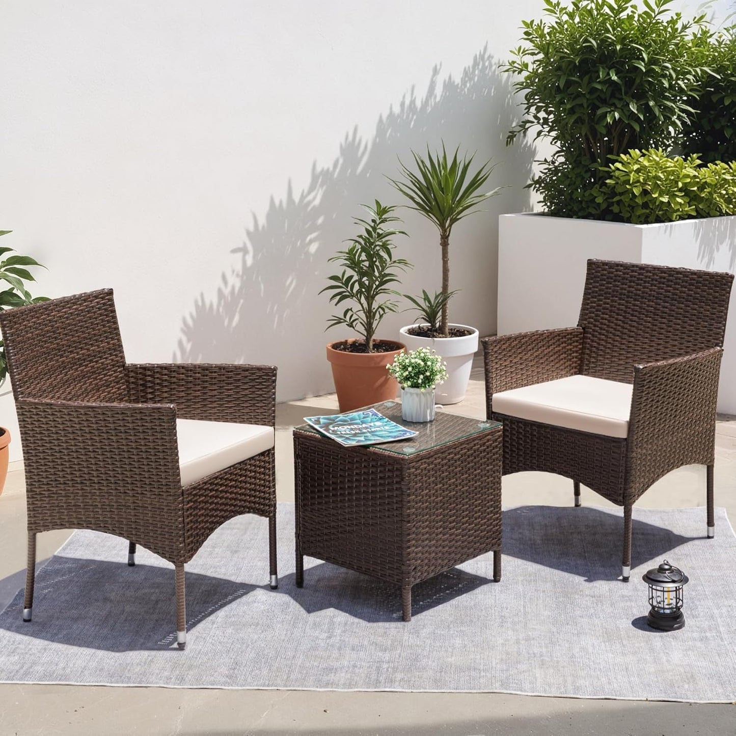 3 Piece Patio Dining PE Rattan Wicker Chair Set With Cushions And Glass Coffee Table Outdoor Brown Beige