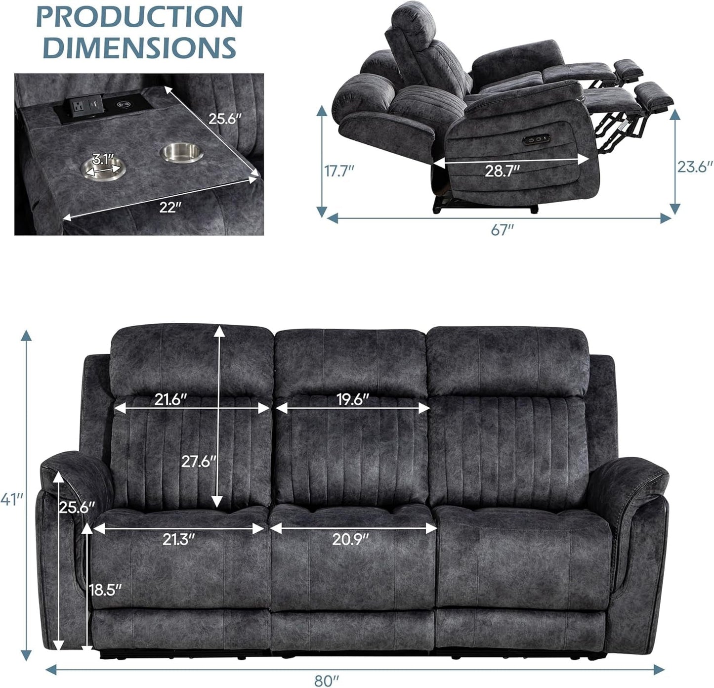 Grey Power Reclining Sofa With Zero Gravity USB Ports