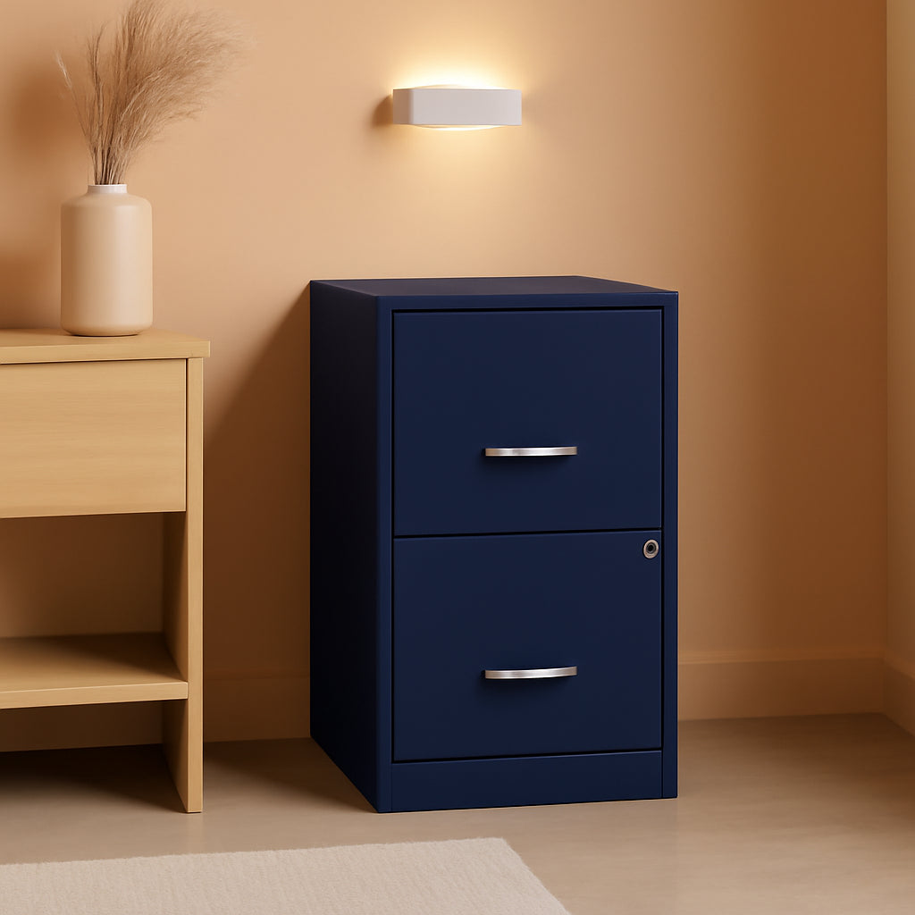 Navy Two Drawer File Cabinet With Smooth Glide Drawers, 14.2 By 18 By 24.5 Inches