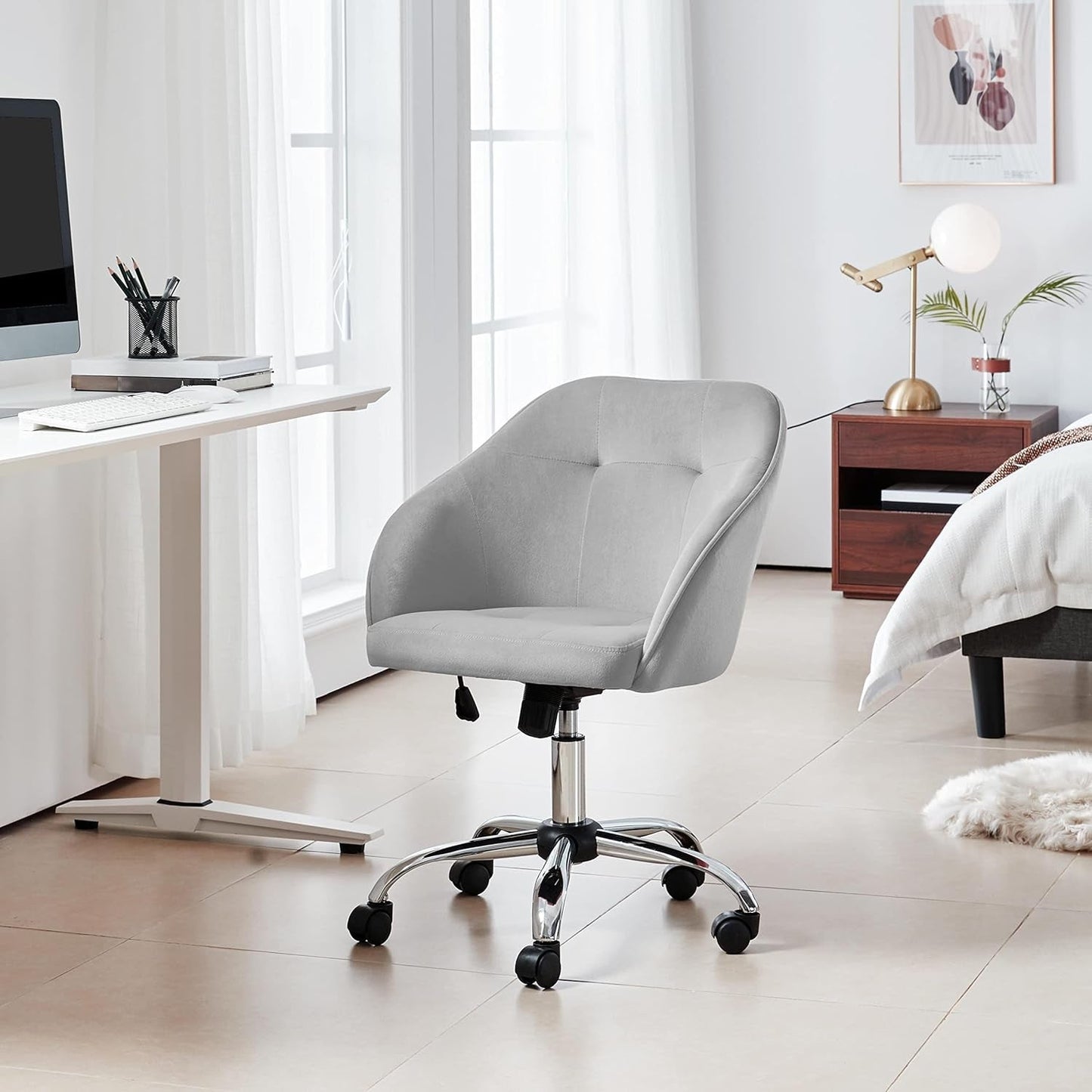 Light Gray Velvet Desk Chair With Adjustable Tilt Arm