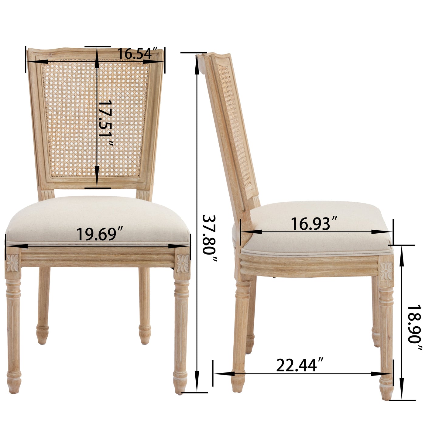 French Country Dining Chairs Set of 2 Upholstered With Natural Rattan Back
