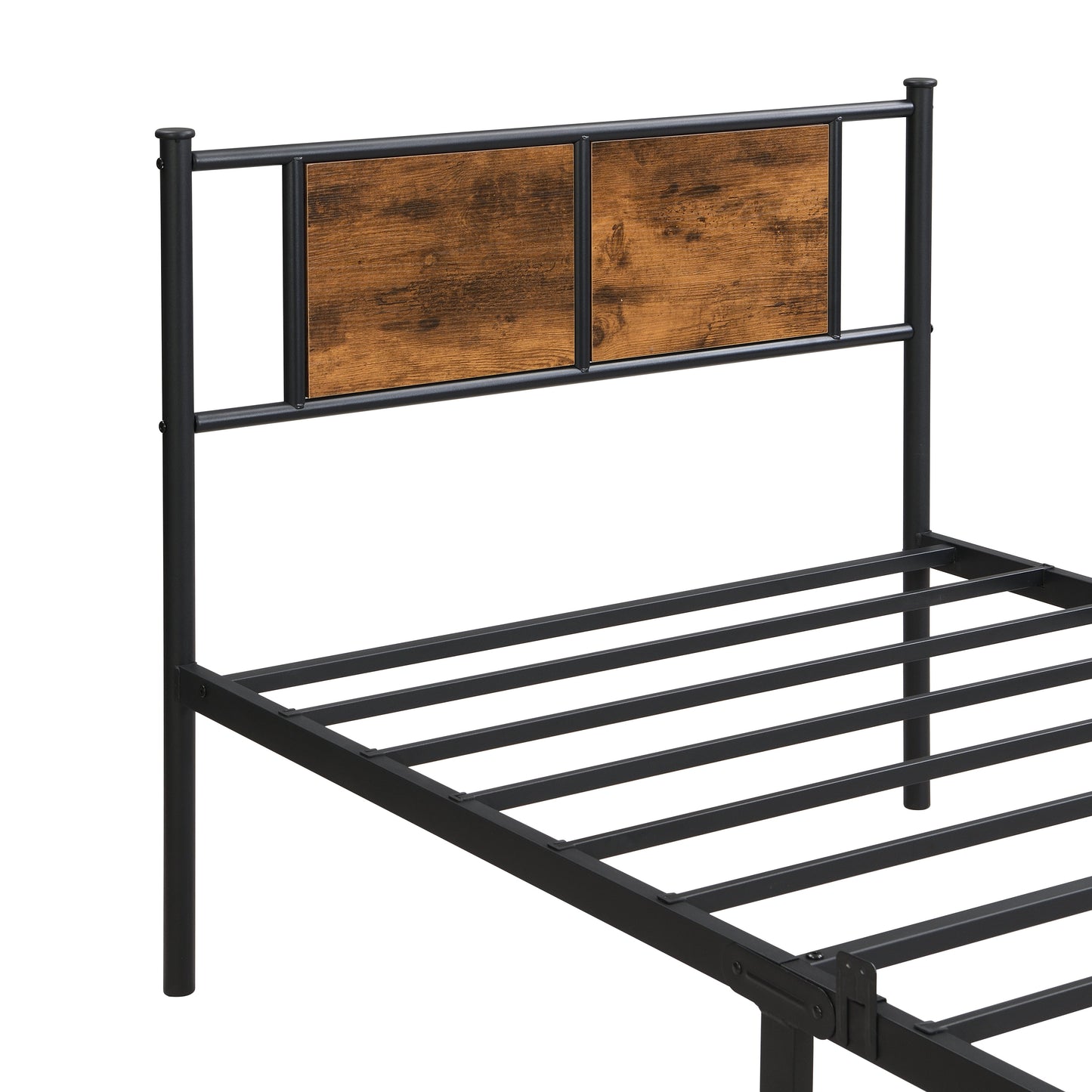 Twin Size Metal Bed Frame with Wood Panel Headboard