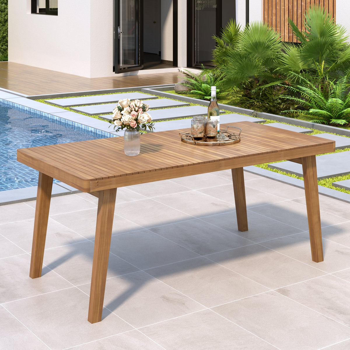 69" Acacia Wood Outdoor Dining Table with Slatted Top