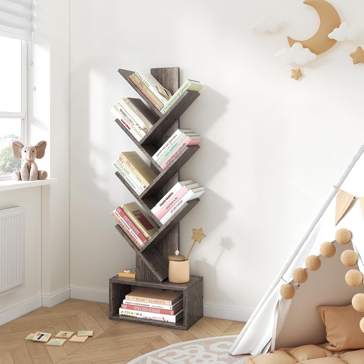 6 Tier Tree Bookshelf Bookcase With Drawer Grey Office