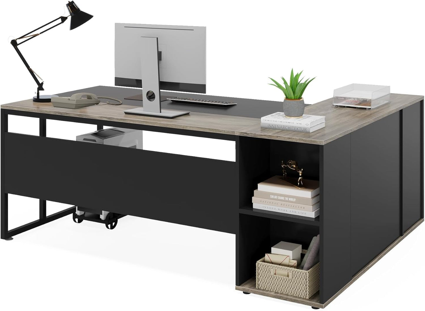 71 Inch Gray L Shaped Desk With Cabinet Storage For Home Office