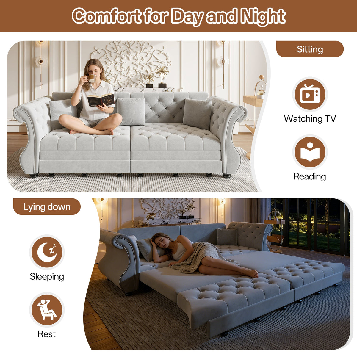 97.6" Oversized Chesterfield Pull Out Sofa Bed