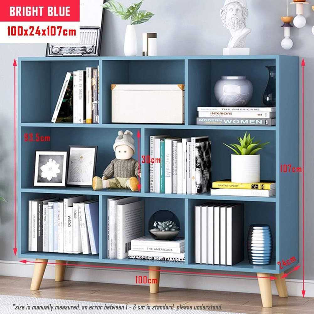 Blue Wood Open Shelf Bookcase 3 Tier 8 Cube Storage