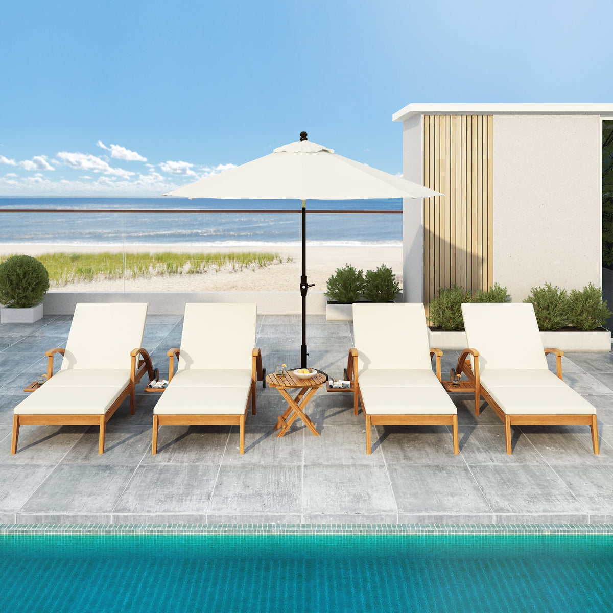 Chaise Lounge With Wheel - Acacia Wood Recliner for Patio