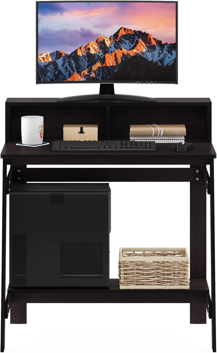 A Frame Computer Desk With Hutch In Dark Walnut Finish