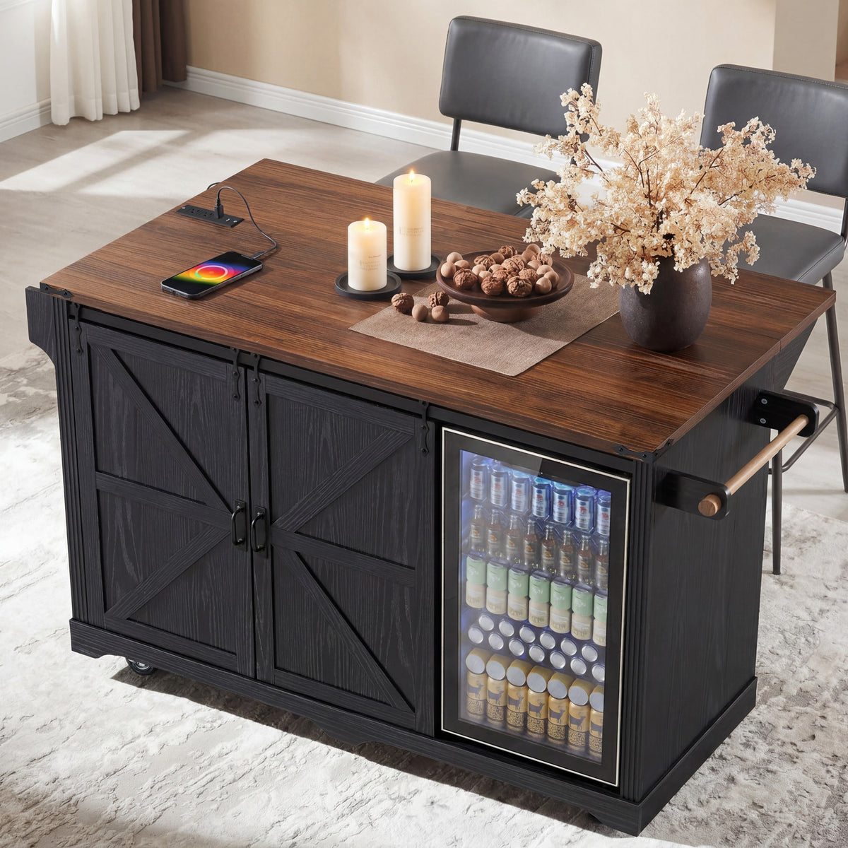 K&K 72" Farmhouse Kitchen Island with Fridge Storage