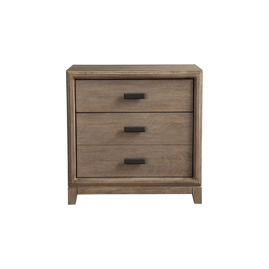 Camilla Nightstand in Antique Grey with three drawers for bedside storage, crafted from Plantation Mahogany wood.