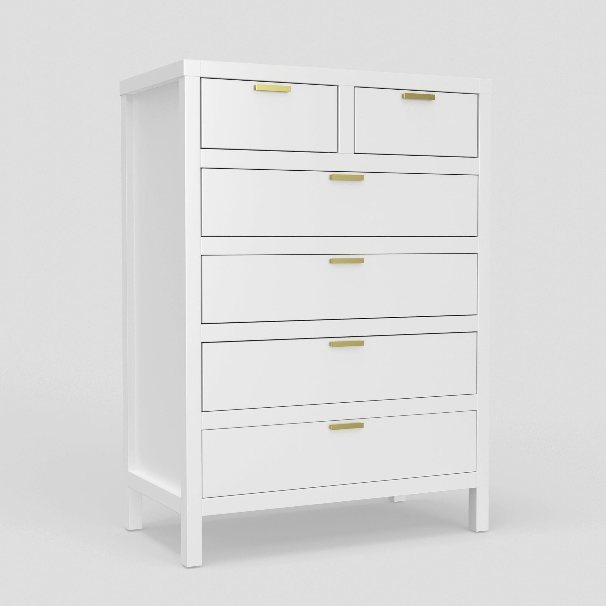 Carmel Chest features a clean, contemporary design with six drawers and stylish gold hardware in a chic white finish.