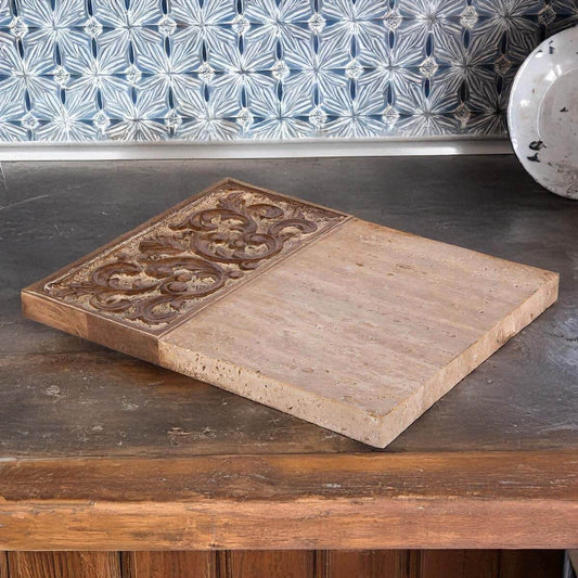 Carved Wood and Marble Cutting Board with Ornate Detail