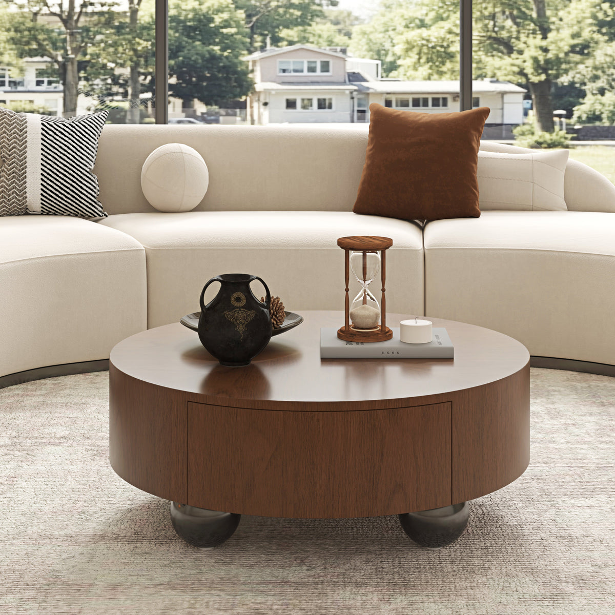 35.43 Inch Drum Shaped Round Coffee Table
