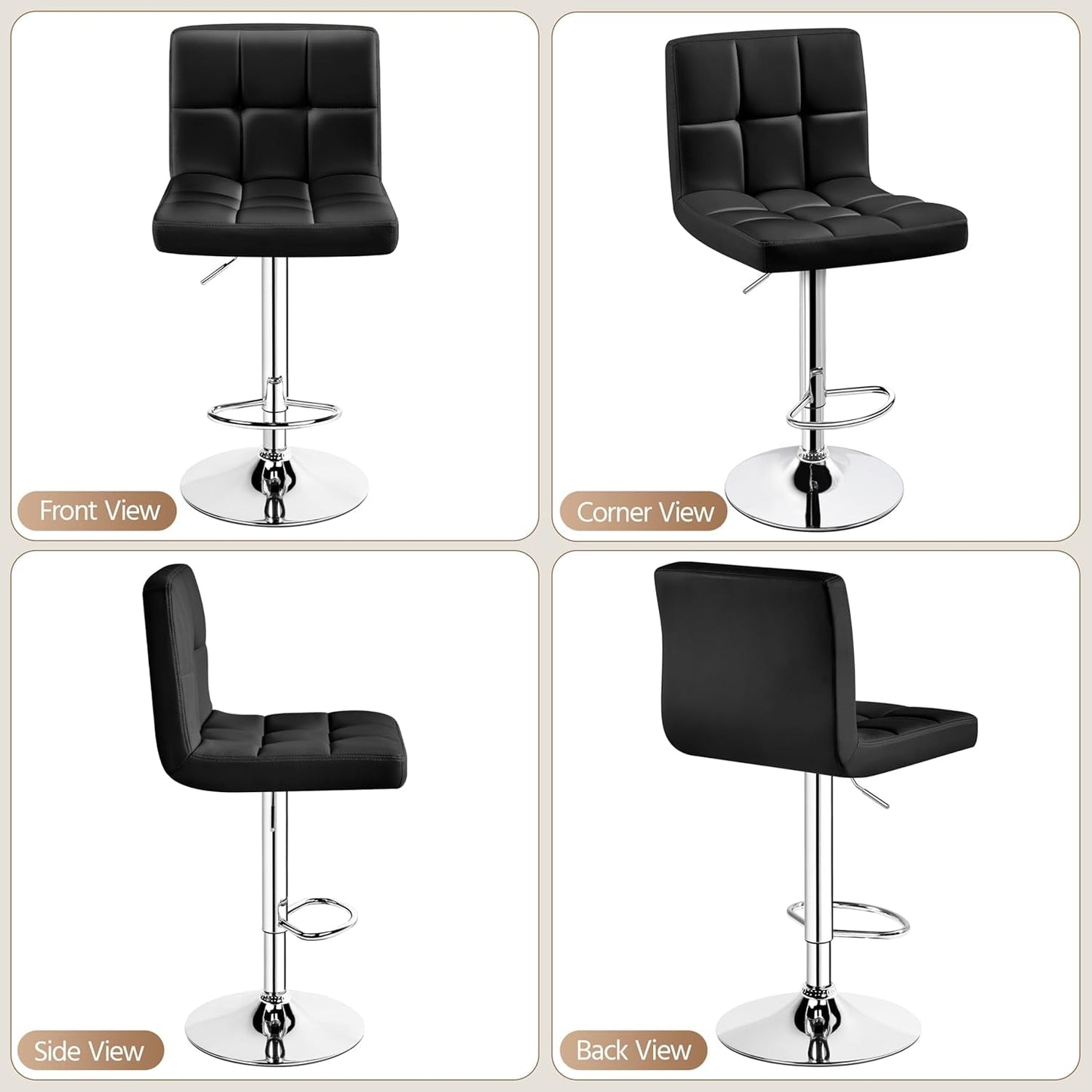 Set Of 2 Adjustable Black PU Leather Swivel Bar Stools
