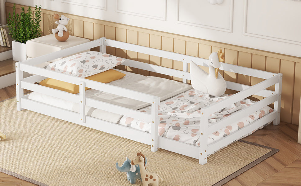 Montessori Twin Size Floor Bed with Fence, White