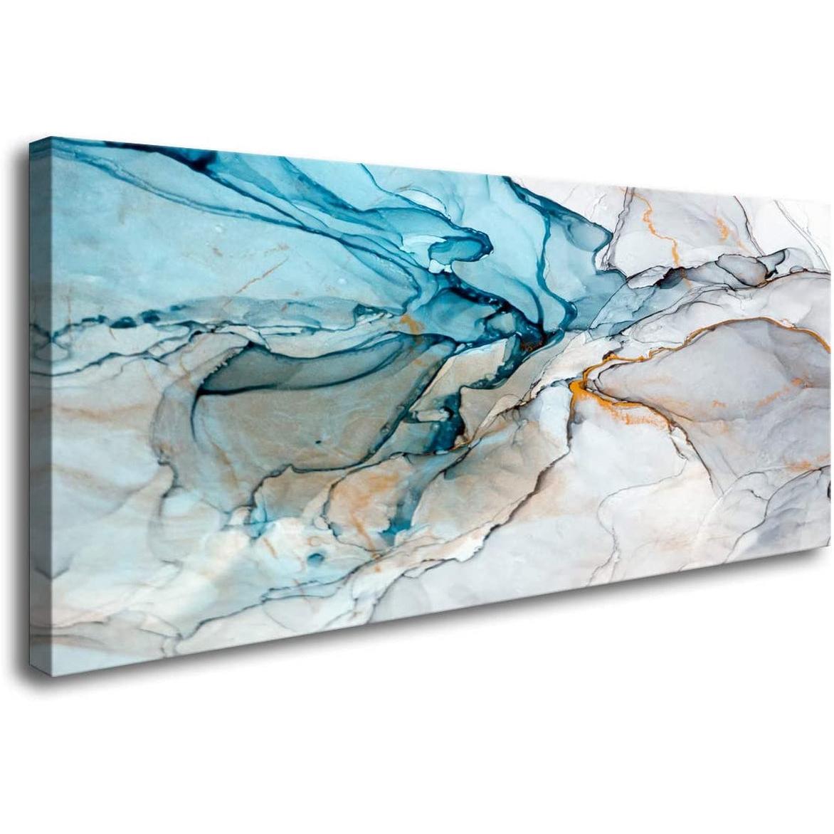 Framed Large 28x56 Inch Abstract Wall Art Giclée Print in vibrant blue and gold tones on canvas.
