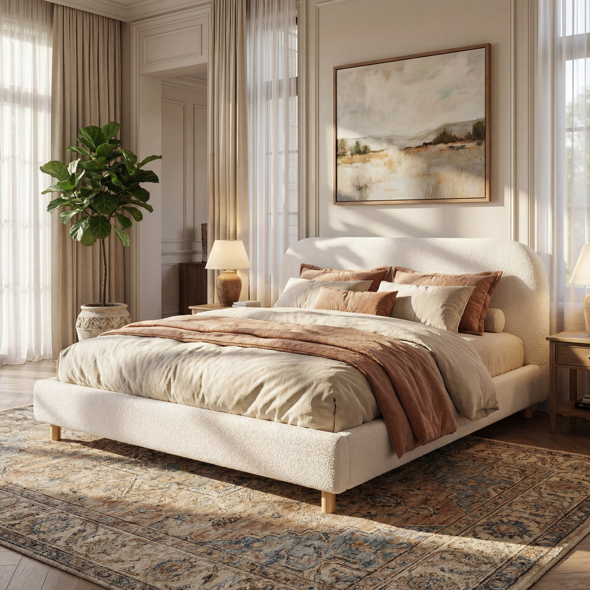 California King Size Upholstered Bed With Boucle Fabric