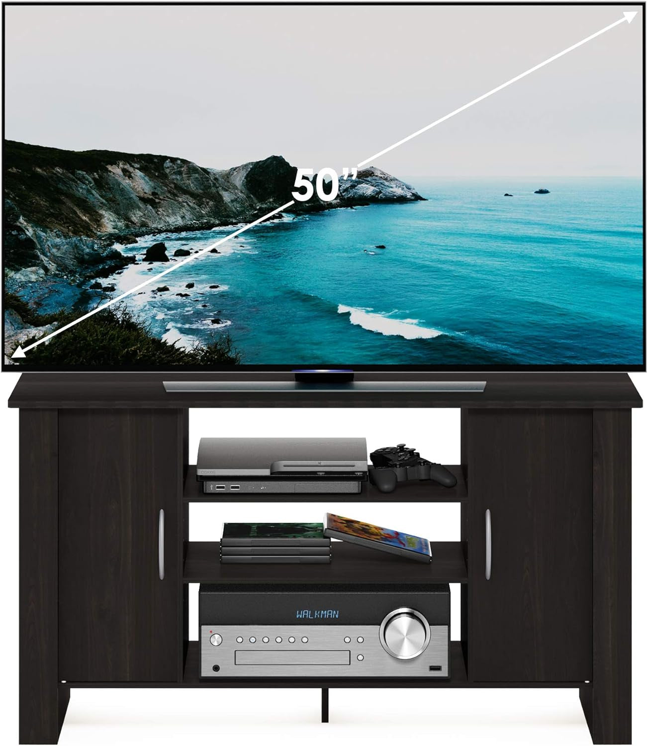 Econ Espresso TV Stand With Concealed Storage And Shelves