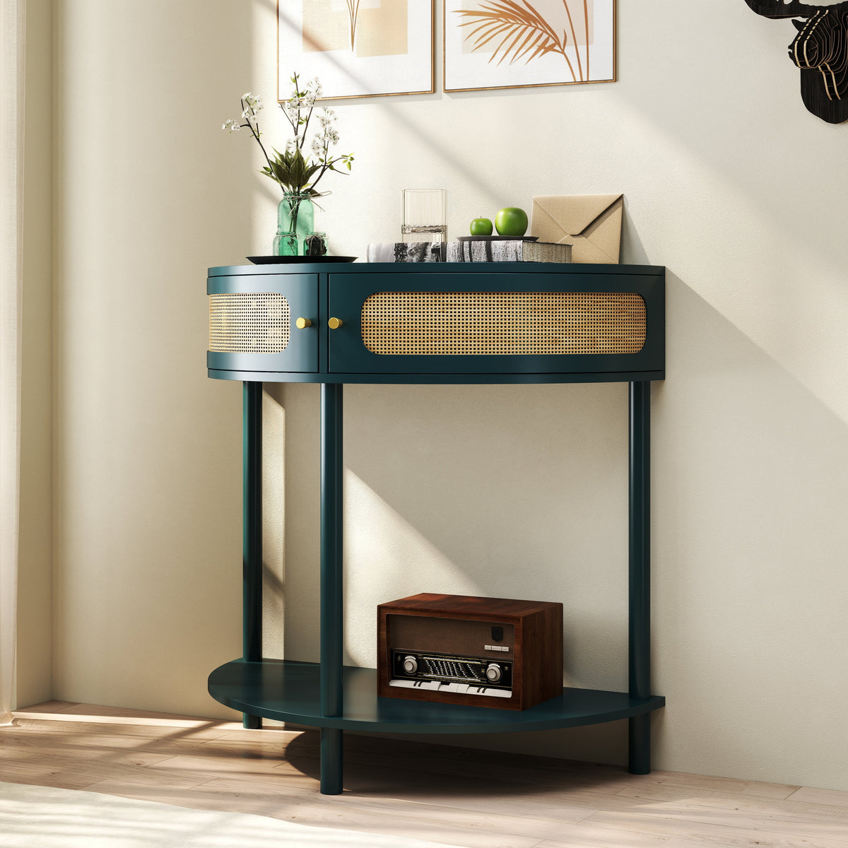 Unique Half Moon Design End Table with Sliding Rattan Door