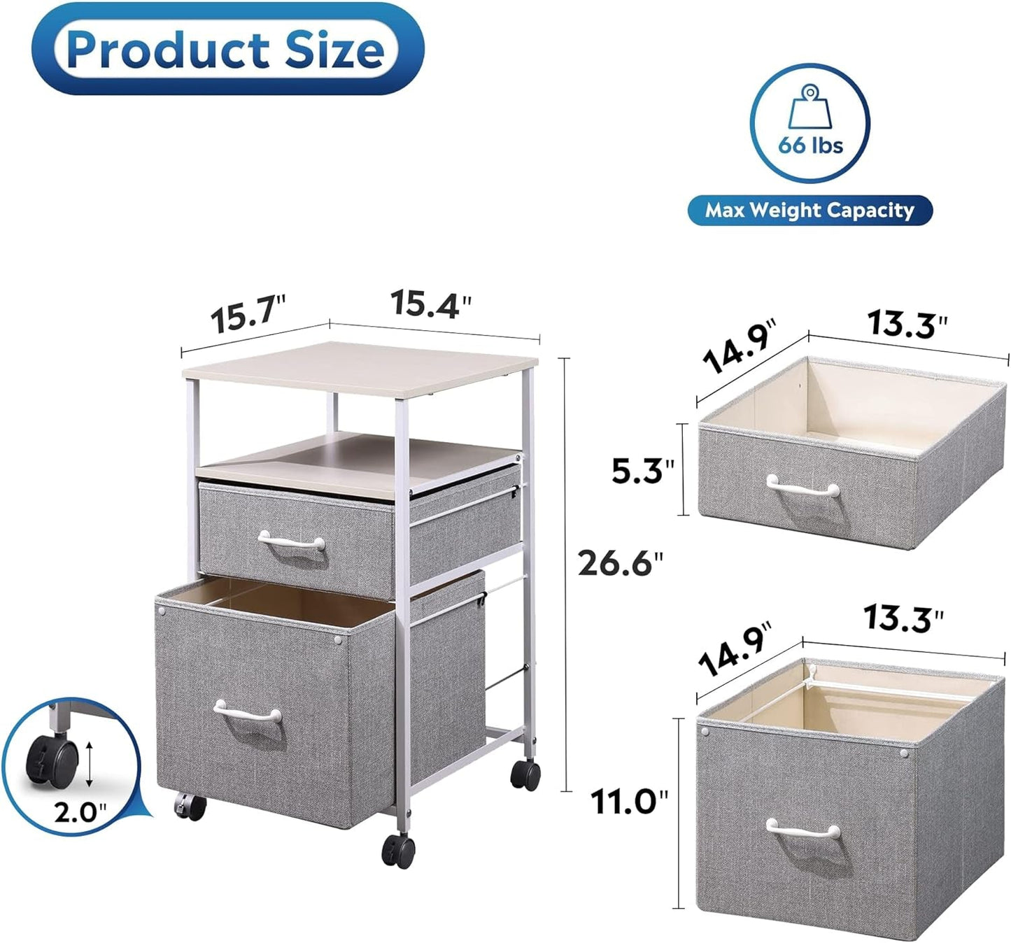 2 Drawer Mobile File Cabinet Rolling Printer Stand With Open Storage Shelf Light Grey