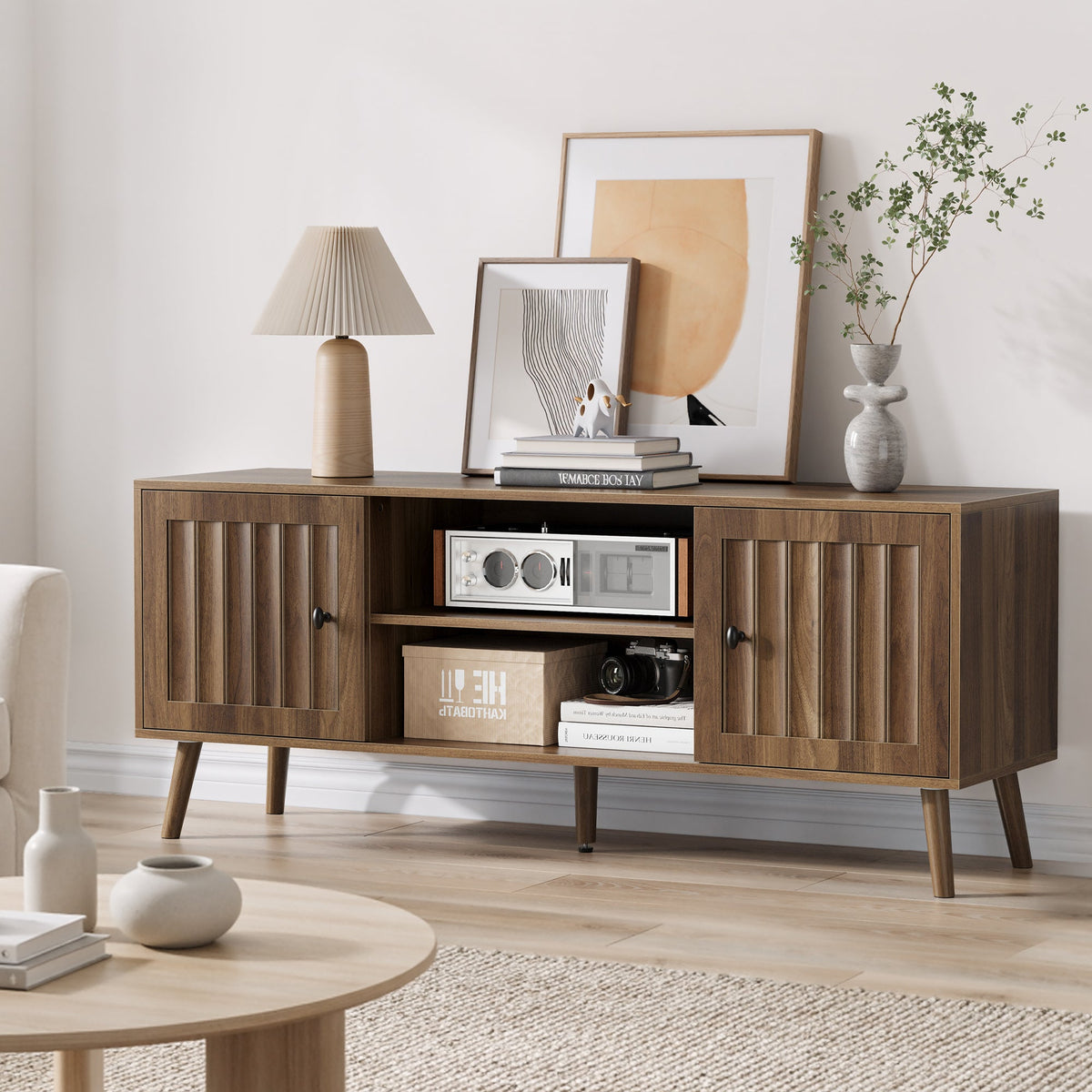 55-Inch Wooden TV Cabinet with 2 Vertical Groove Doors