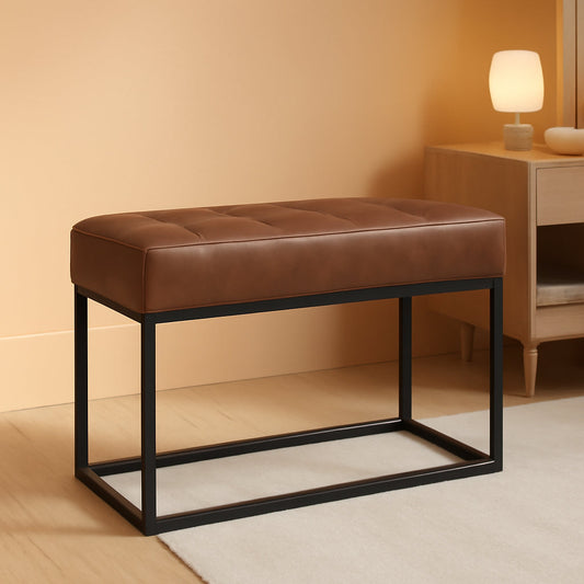 Small Brown Faux Leatherette Channel Tufted Ottoman
