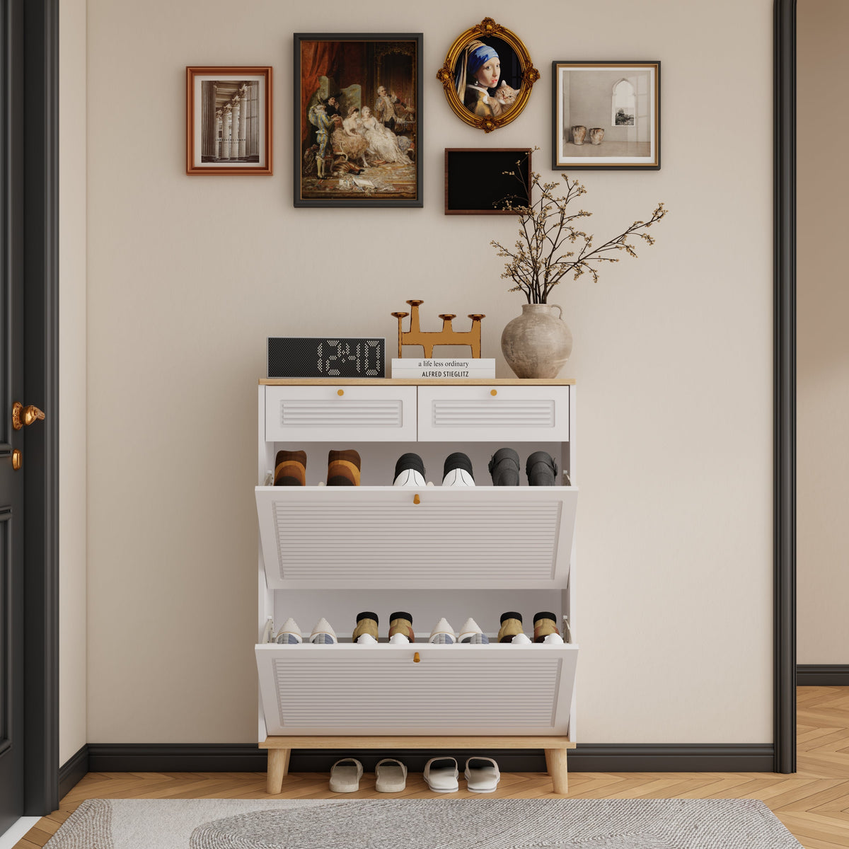 Shoe Cabinet with 2 Flip-Up Doors and Drawers