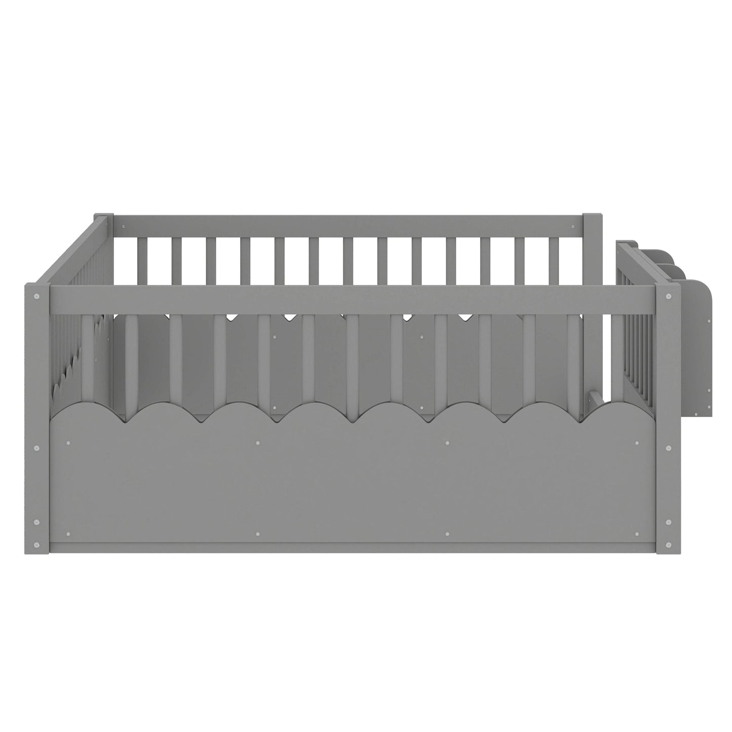 Full Floor bed with Heightened Fence and bookshelf ,Wood Floor Bed for Kids,Gray.