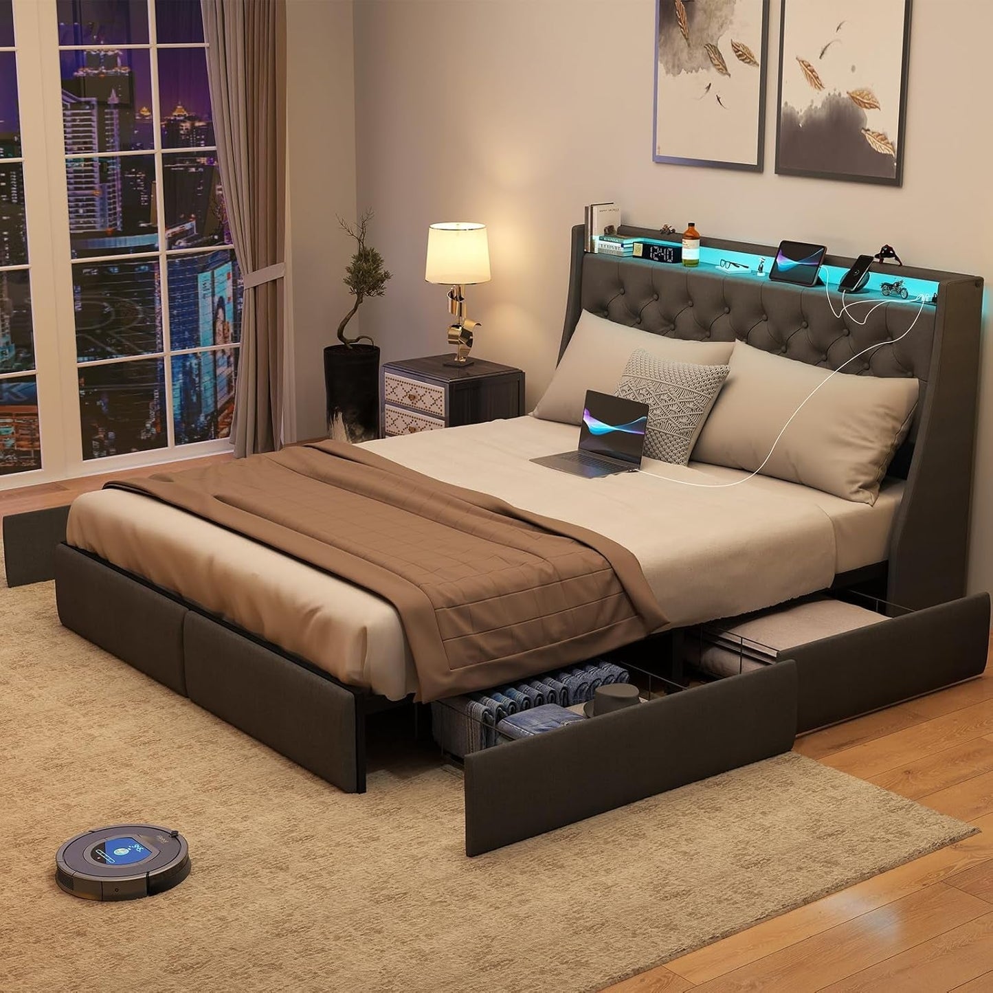 Queen Bed Frame With Storage Headboard LED Lighting