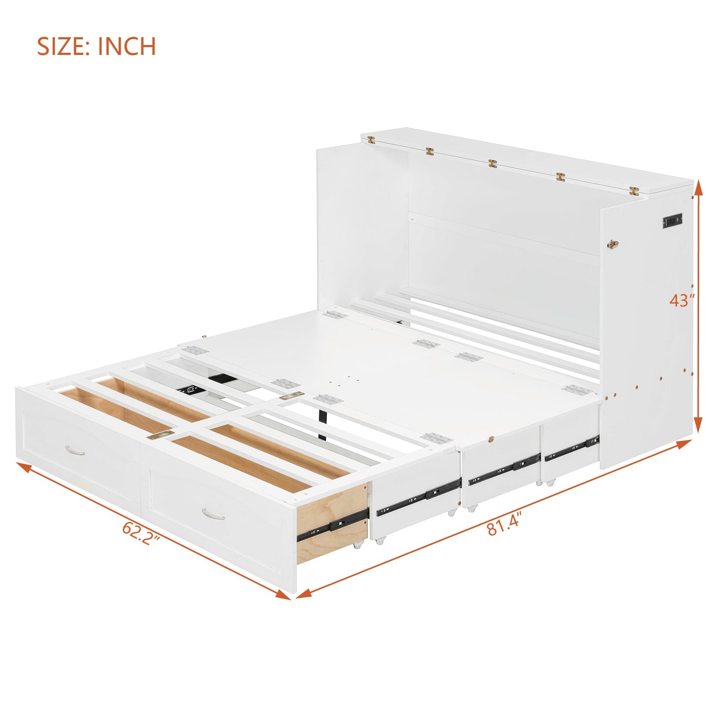 Queen Size Murphy Bed Wall Bed with drawer and a set of Sockets & USB Ports, Pulley Structure Design, White(OLD SKU: LP100671AAK)