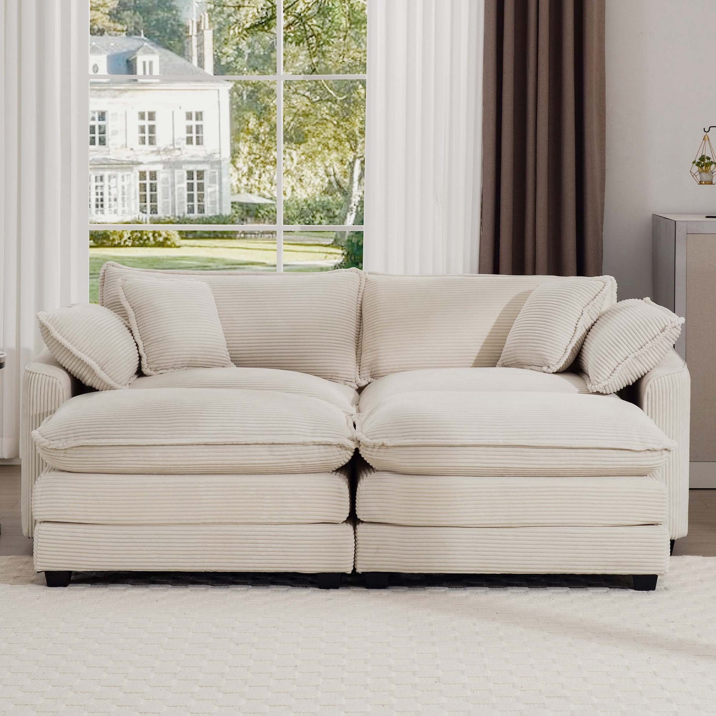 Corduroy Two-Seater Sofa with Ottoman