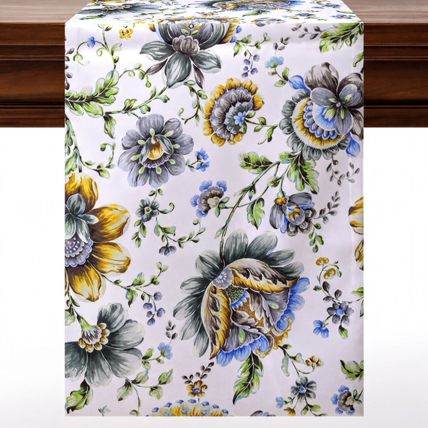 Printed Table Runner - Blue Floral Dining Decor | Handmade Polyester Runner