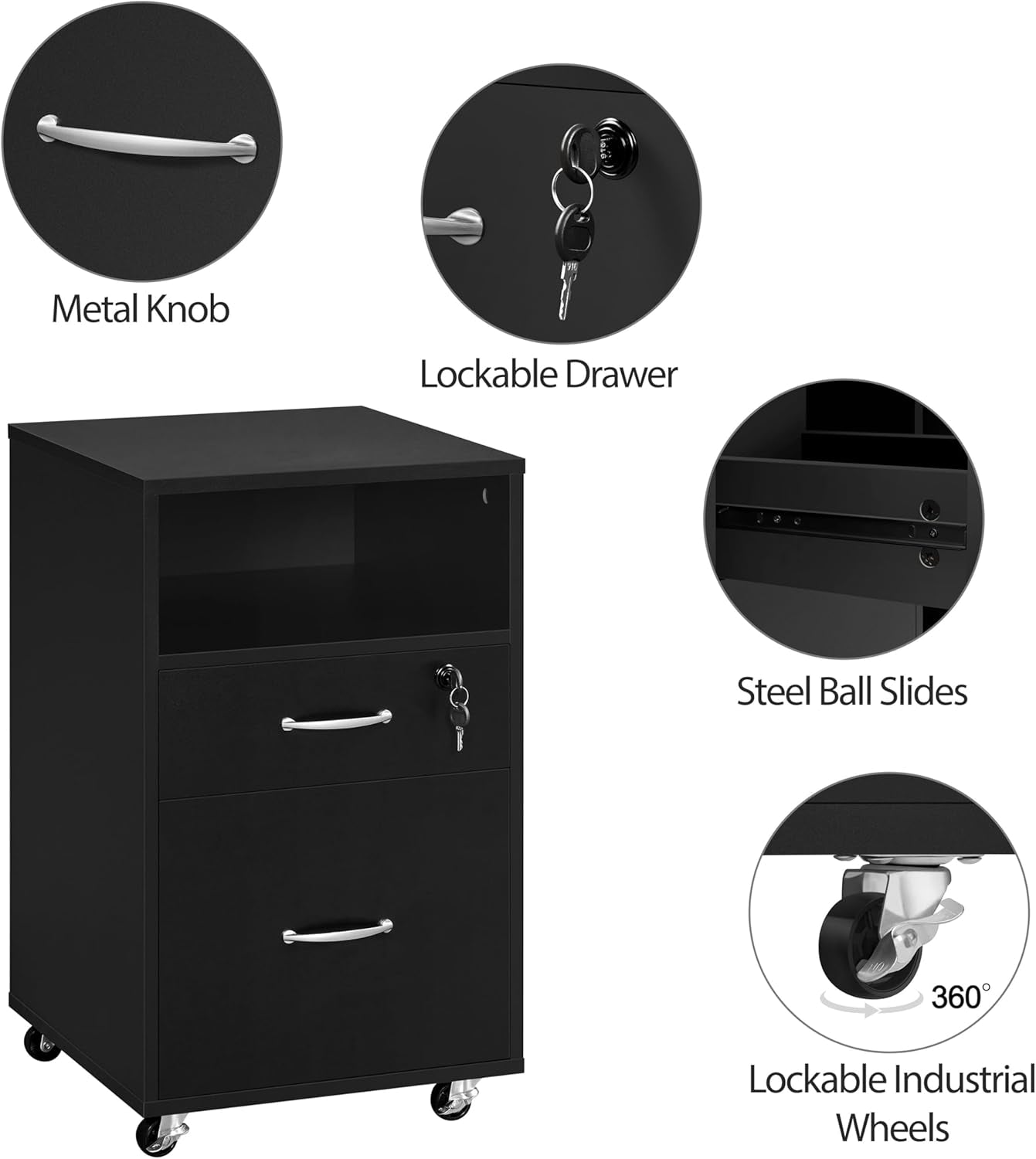 Black Under Desk File Cabinet 2 Drawers Lockable Wheels
