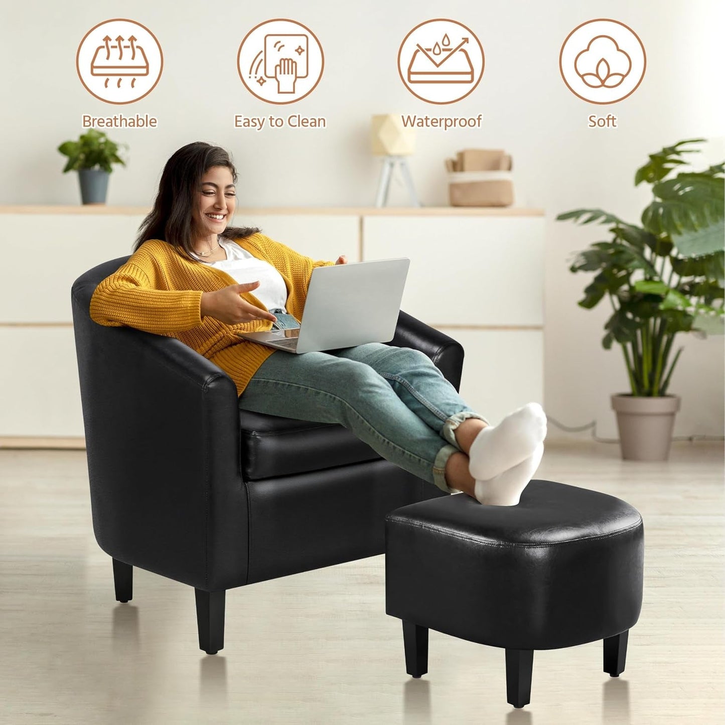 Modern Black Faux Leather Accent Chair With Ottoman Set