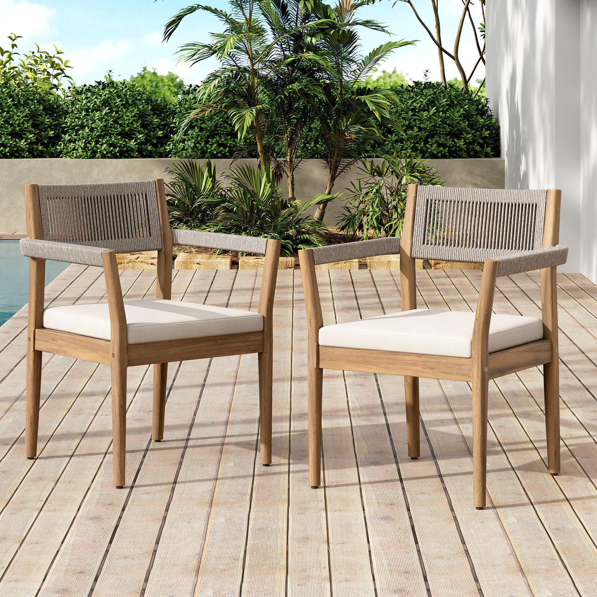 Braided Acacia Wood Outdoor Dining Chairs Set of 2