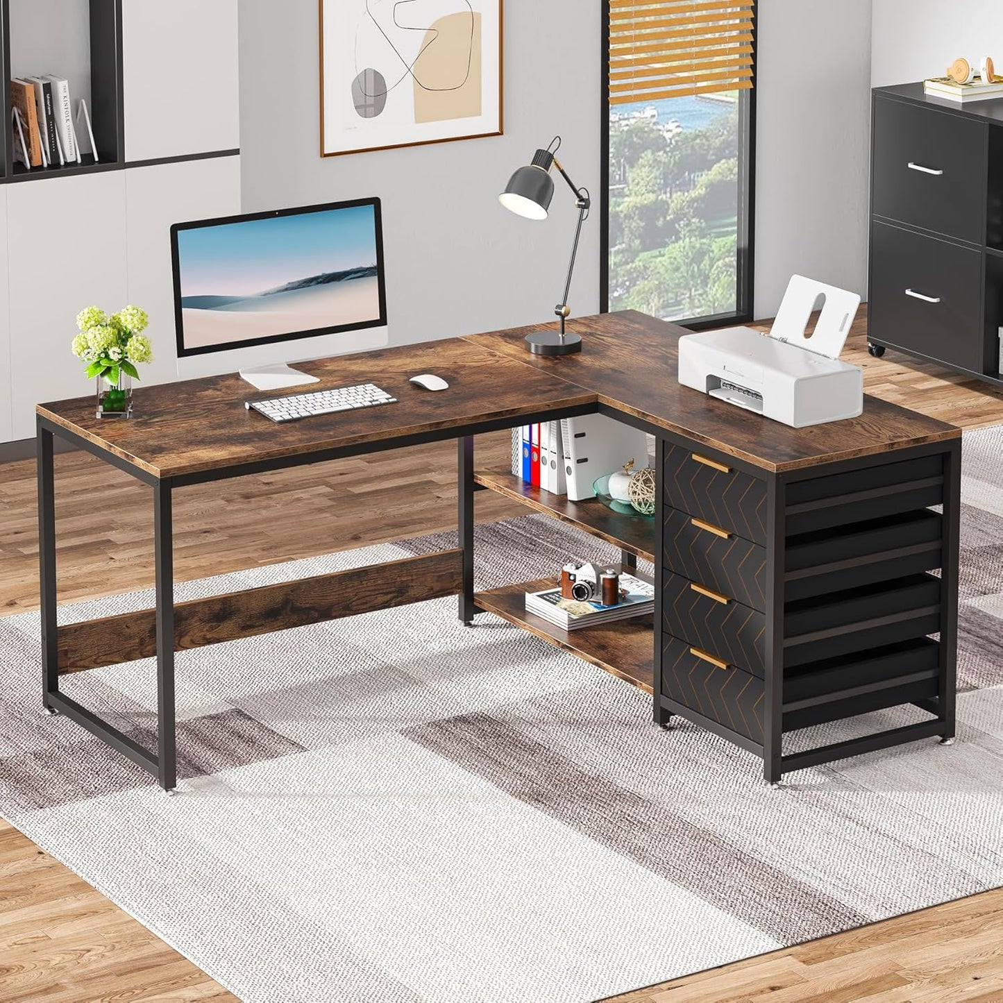 59” L-Shaped Computer Desk with Drawers and Storage Shelves