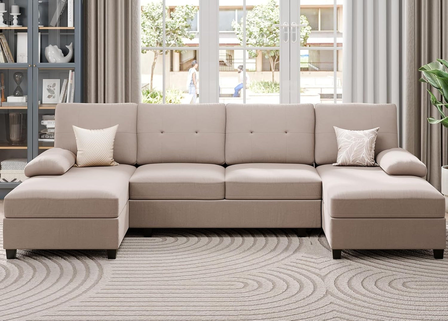 Dark Beige U Shaped Sectional Sofa With Chaise 4 Seats