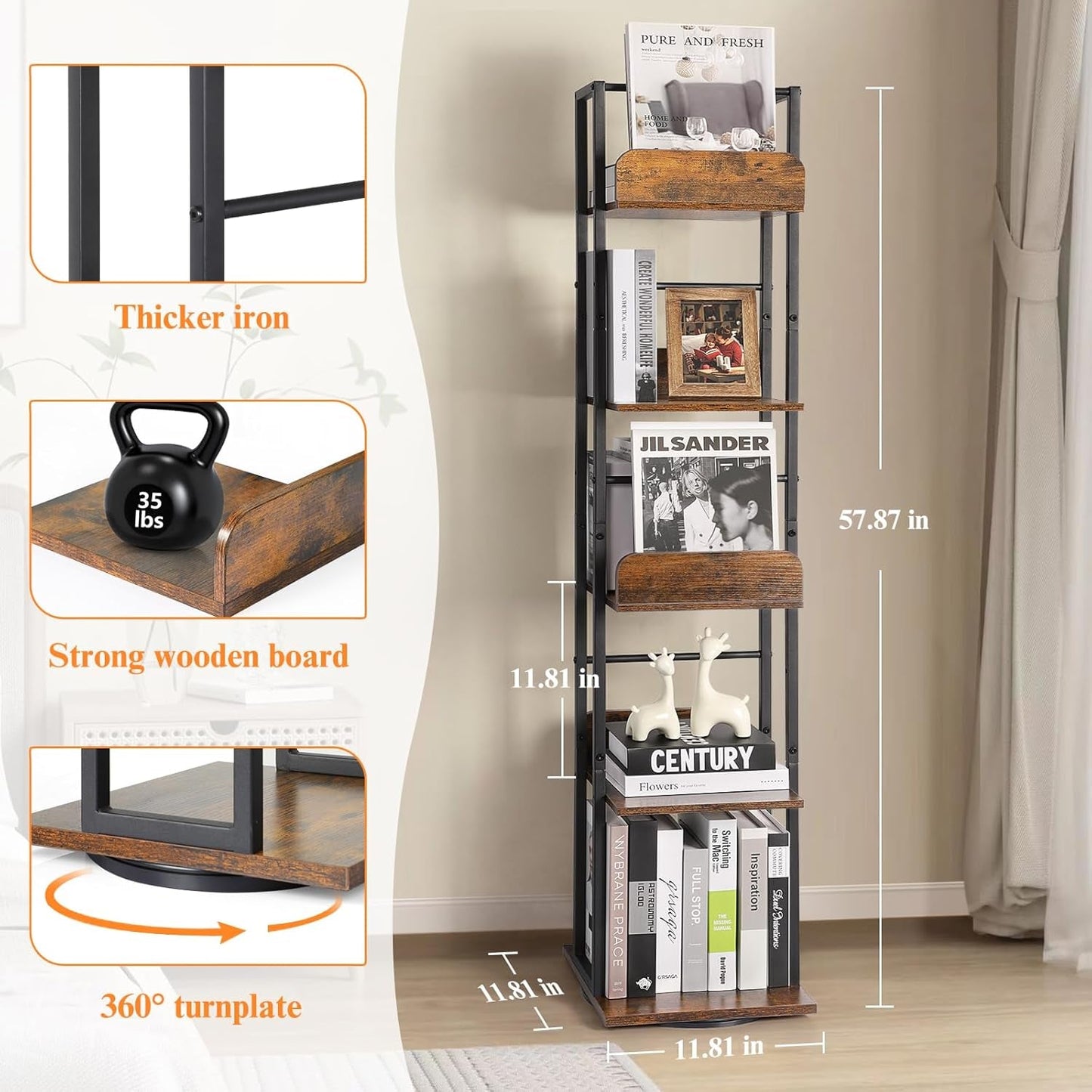 Black 5-Shelf 360 Degree Rotating Corner Bookshelf Tower