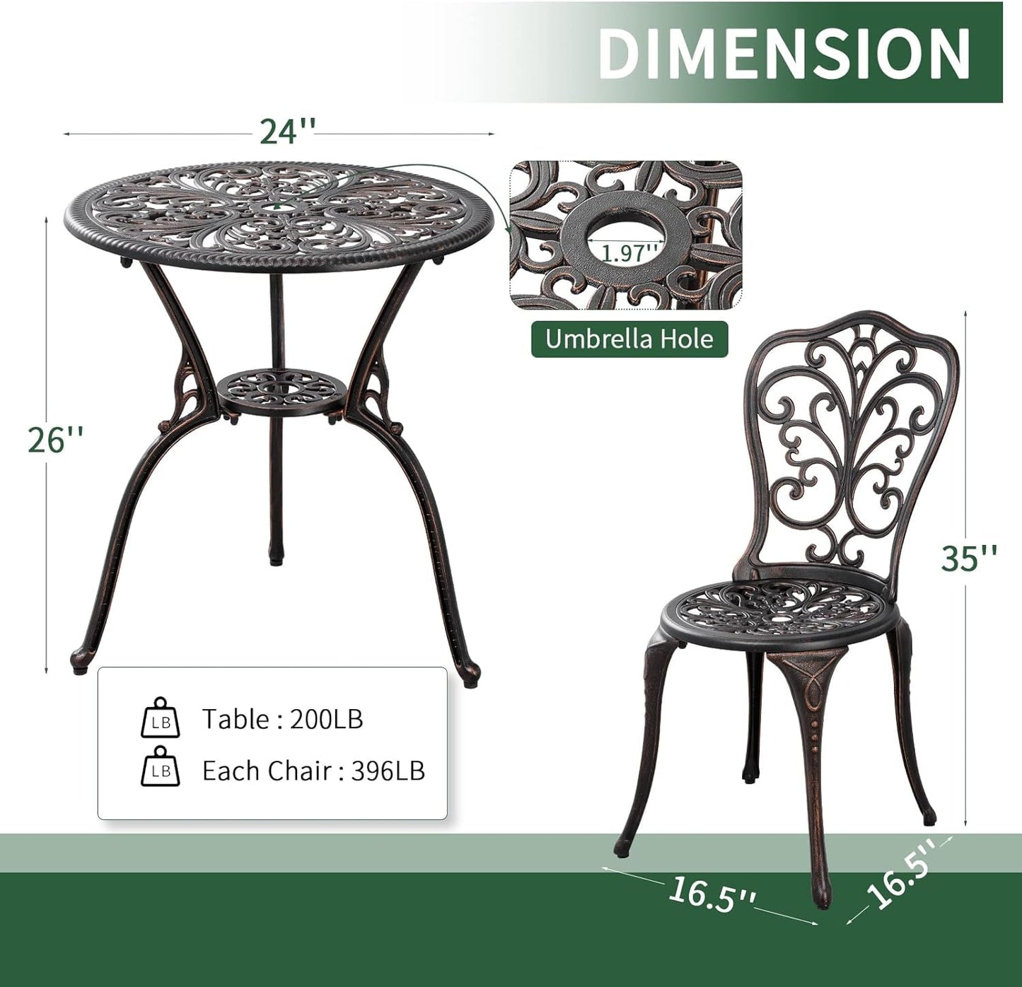 3 Piece Cast Aluminum Outdoor Patio Bistro Set With Umbrella Hole In Brown All Weather Durable