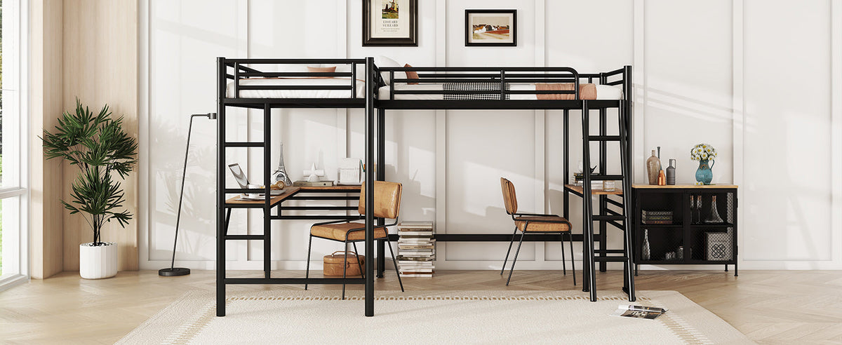 Twin Size Metal Loft Bed with Two Built-in Desks