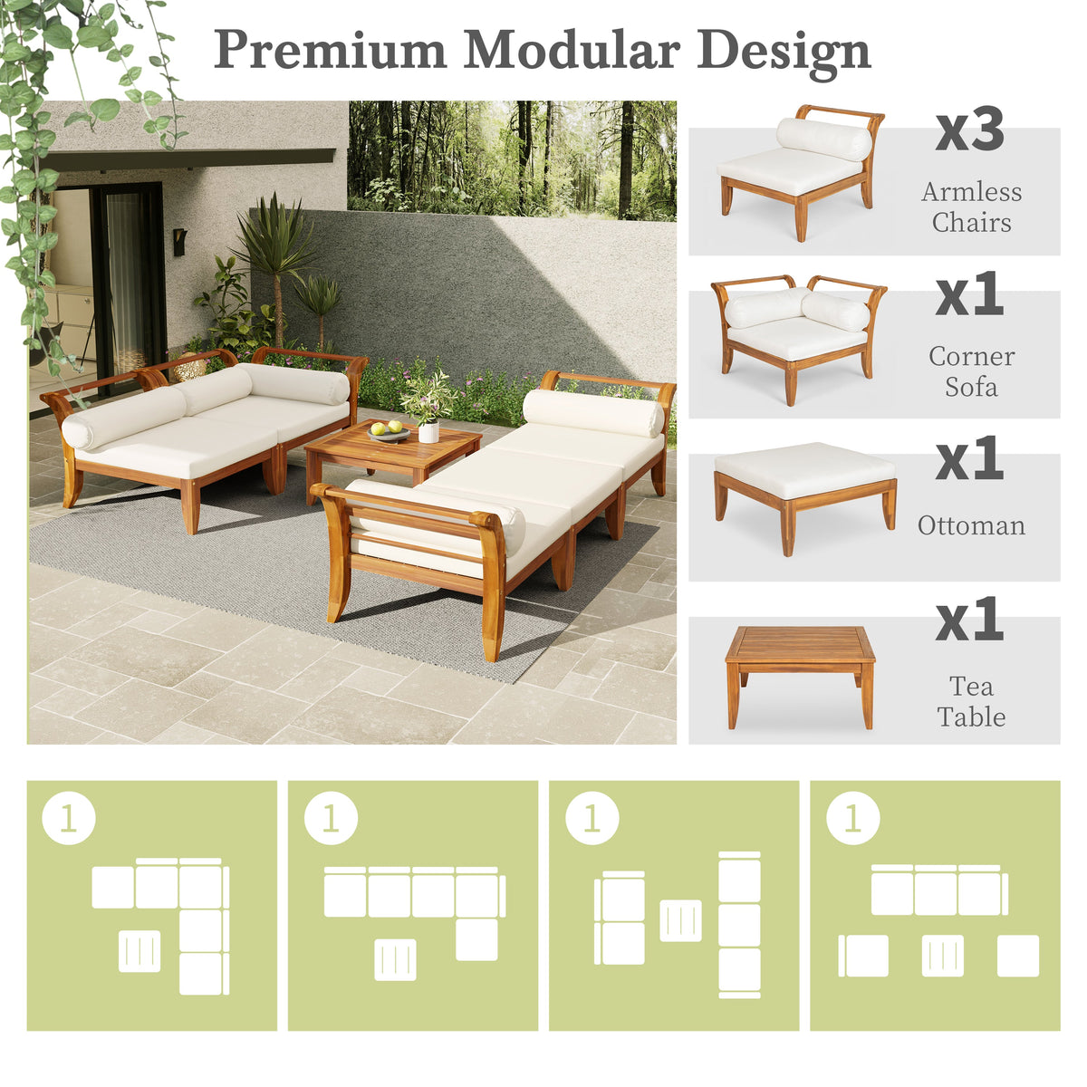 TOPMAX 6 Piece Patio Sofa Set - Acacia Wood Modular Sectional