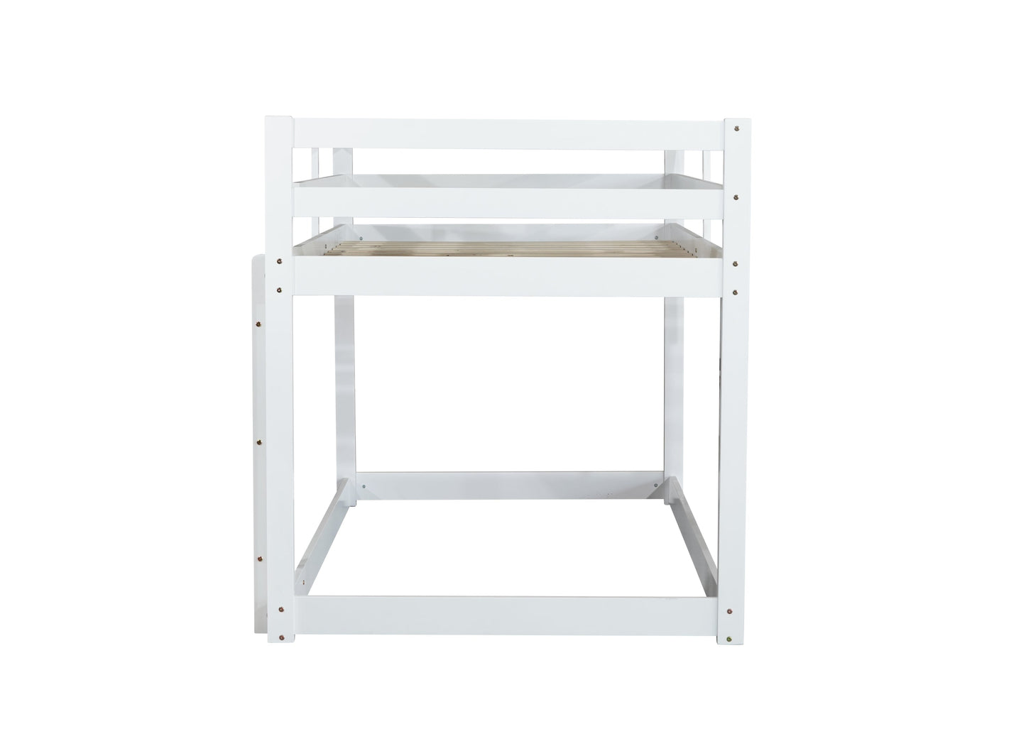 Solid Wooden, Solid Rubber Wooden Twin over Twin Floor Bunk Bed with Ladder, with Bed Platform of Strengthened Slats,White