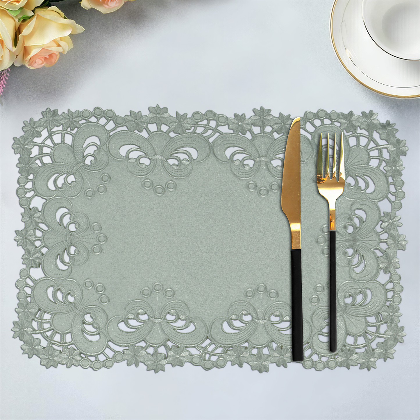 Embroidered Placemats - Gray European Embroidery Dining Table Mats | Rustic & Vintage