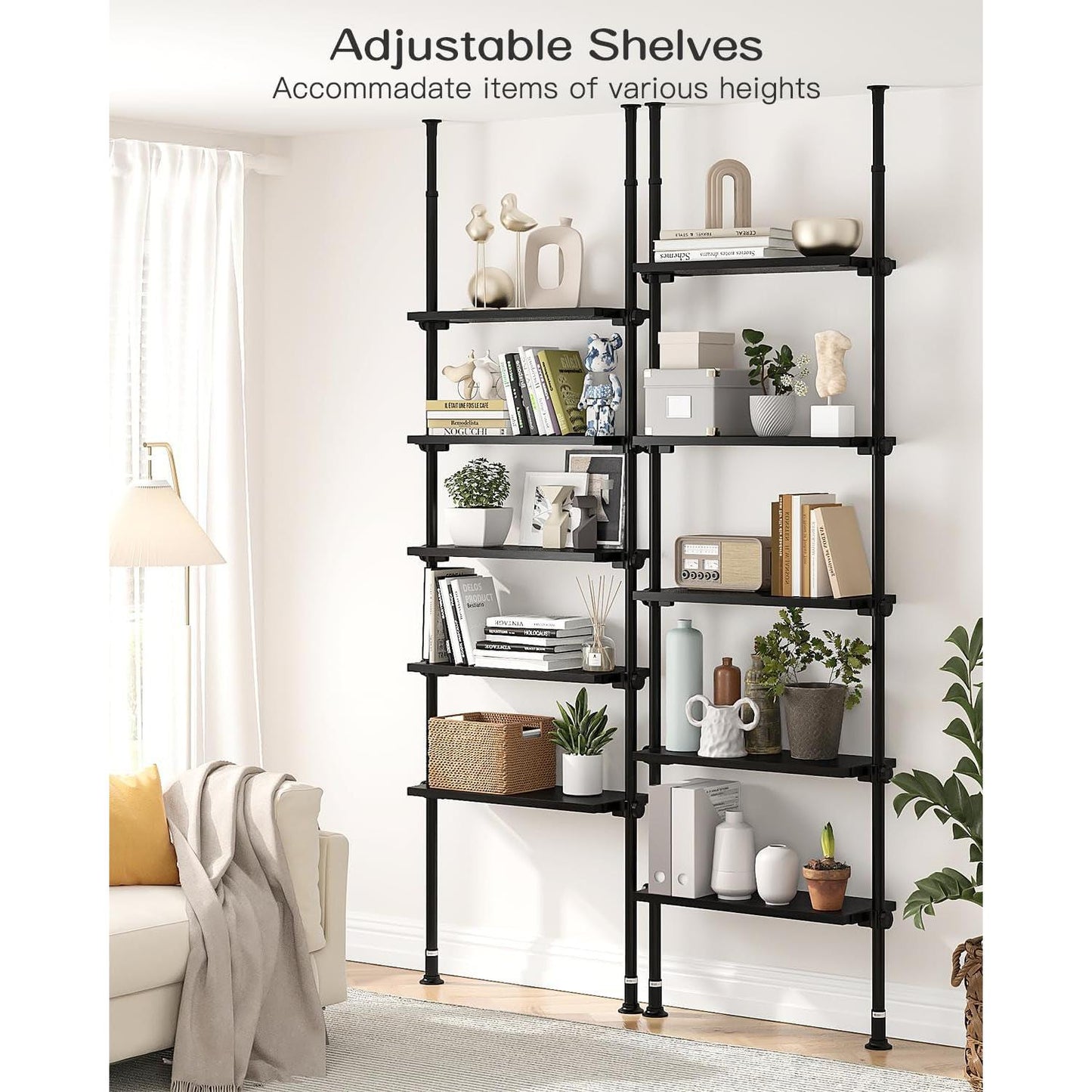 5 Tier Narrow Ladder Bookshelf With Floor To Ceiling Mount
