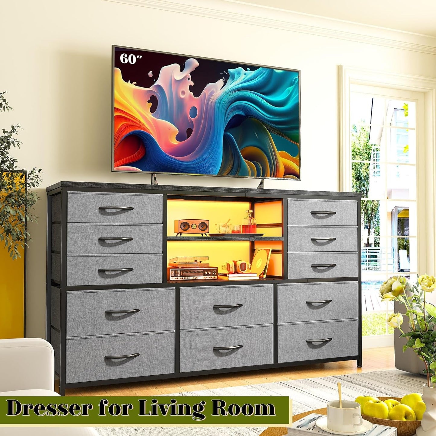 12 Drawer Long Dresser With LED Lights And Built In Power Outlet For Bedroom Storage